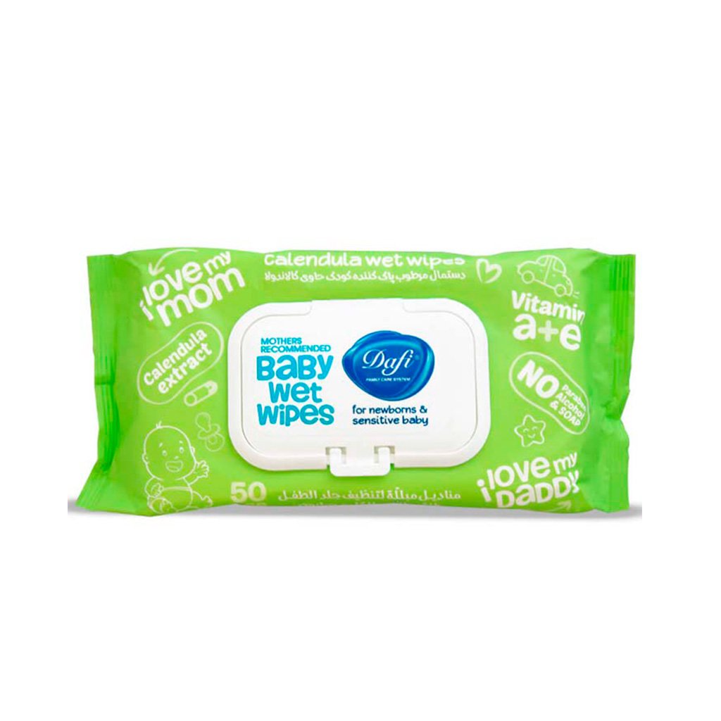 Dafi-Calendula-Baby-Wet-Wipes-For-Sensitive-Skins-50pcs دستمال مرطوب کودک کالاندولا 50 برگ سبز دافی - تصویر 1