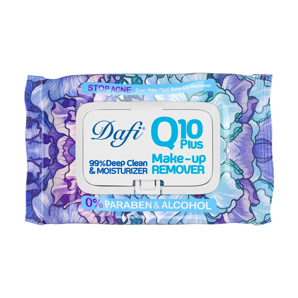 کیوتن-گلی-2 دستمال مرطوب پاککننده آرایش دافی مدل Q10 ضد آکنه 50 عددی - تصویر 1